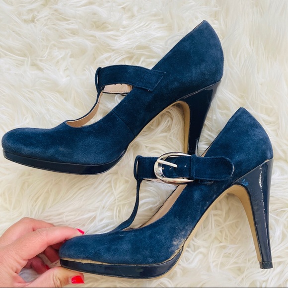 Franco Sarto | Blue Suede T-Strap Heels - Picture 3 of 6